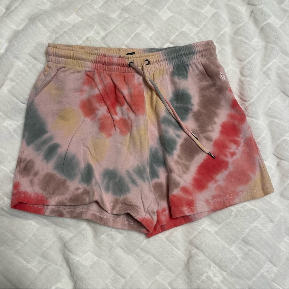 Volcom Red and Pink Athletic Shorts with Tie-Dye Design